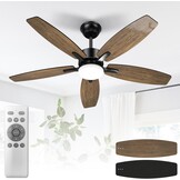 Plafondventilator voor slaapkamer en woonkamer, 106 cm, 5 houten bladen, LED-lamp, stil, houtnerf/zwart, met afstandsbediening, timer, omkeerbare DC-m