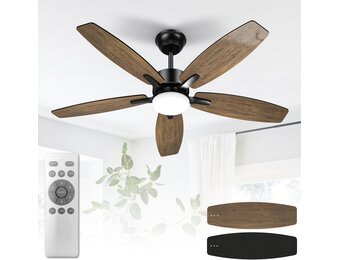 Plafondventilator voor slaapkamer en woonkamer, 106 cm, 5 houten bladen, LED-lamp, stil, houtnerf/zwart, met afstandsbediening, timer, omkeerbare DC-m
