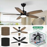 Plafondventilator voor slaapkamer en woonkamer, 106 cm, 5 houten bladen, LED-lamp, stil, houtnerf/zwart, met afstandsbediening, timer, omkeerbare DC-m