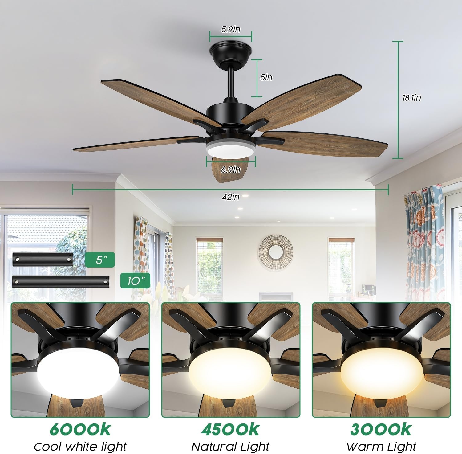 Plafondventilator voor slaapkamer en woonkamer, 106 cm, 5 houten bladen, LED-lamp, stil, houtnerf/zwart, met afstandsbediening, timer, omkeerbare DC-m