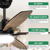 Plafondventilator voor slaapkamer en woonkamer, 106 cm, 5 houten bladen, LED-lamp, stil, houtnerf/zwart, met afstandsbediening, timer, omkeerbare DC-m