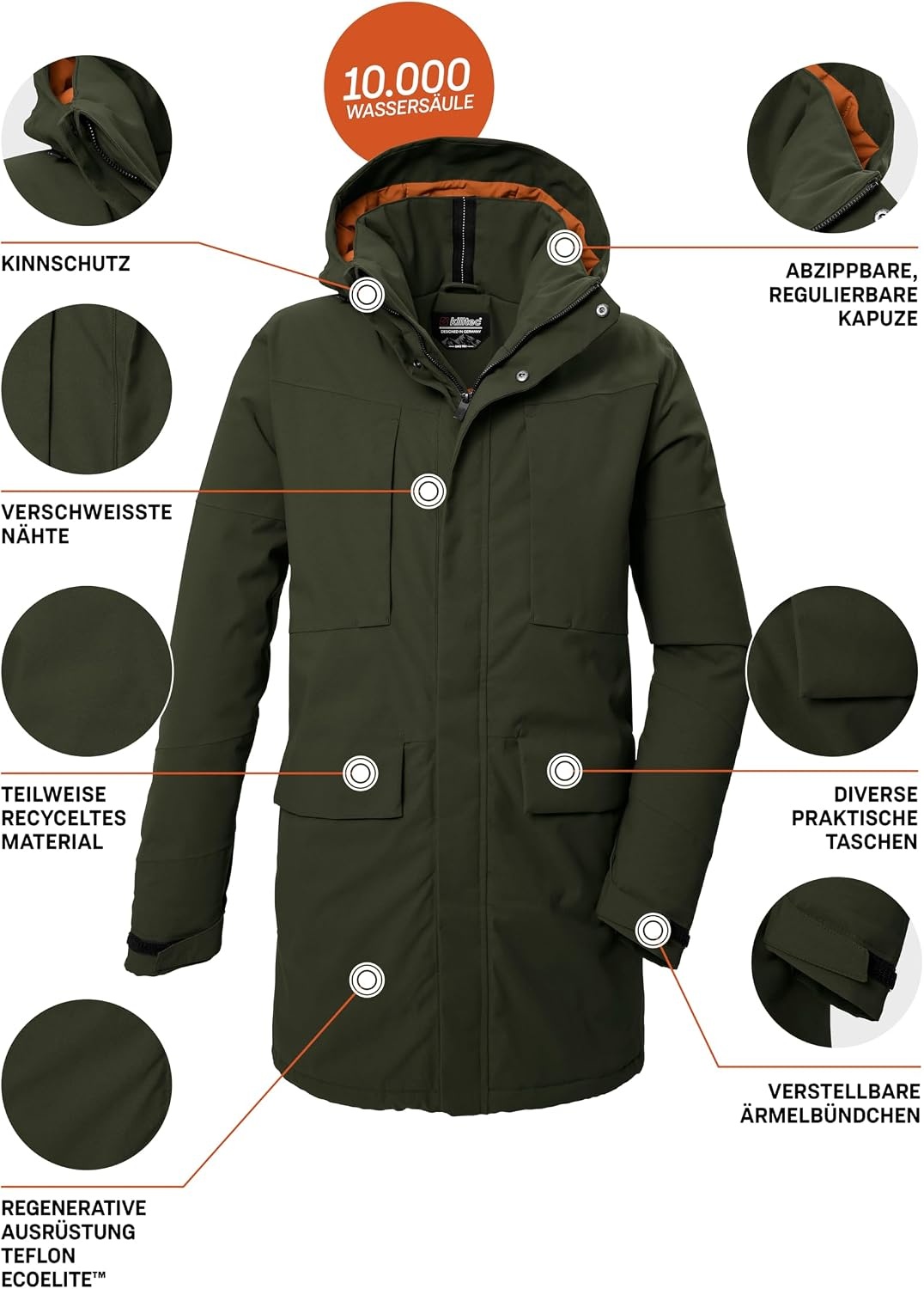 killtec Kow 80 Mn Prk heren Functionele parka/parka met afritsbare capuchon