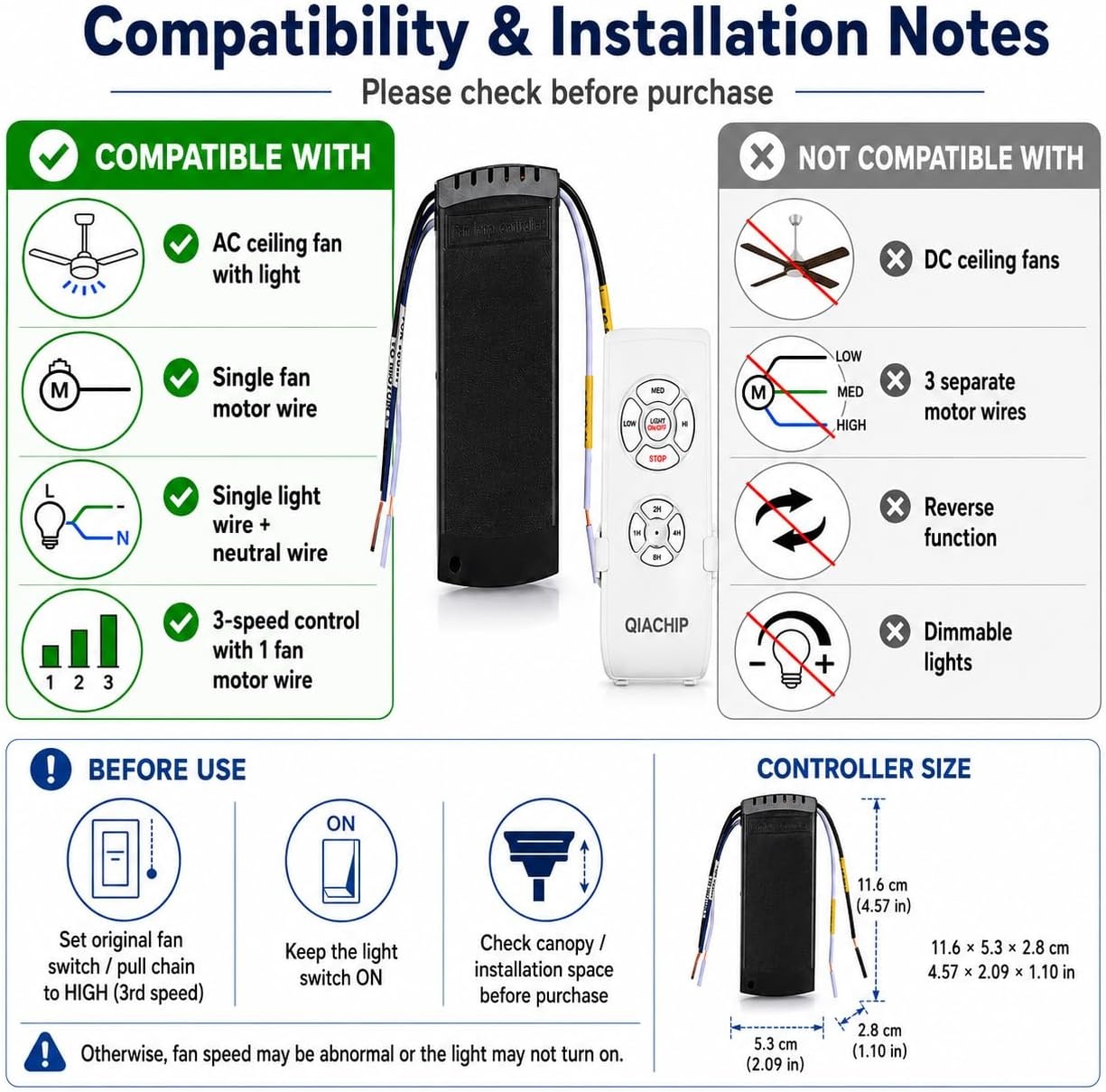 QIACHIP Universal Ceiling Fan Remote Control Kit, Wireless Ceiling Fan Lamp Remote Control Kit and Light Control Switch Timer Control for Space Cooling 220V 230V - Maat 1 Satz