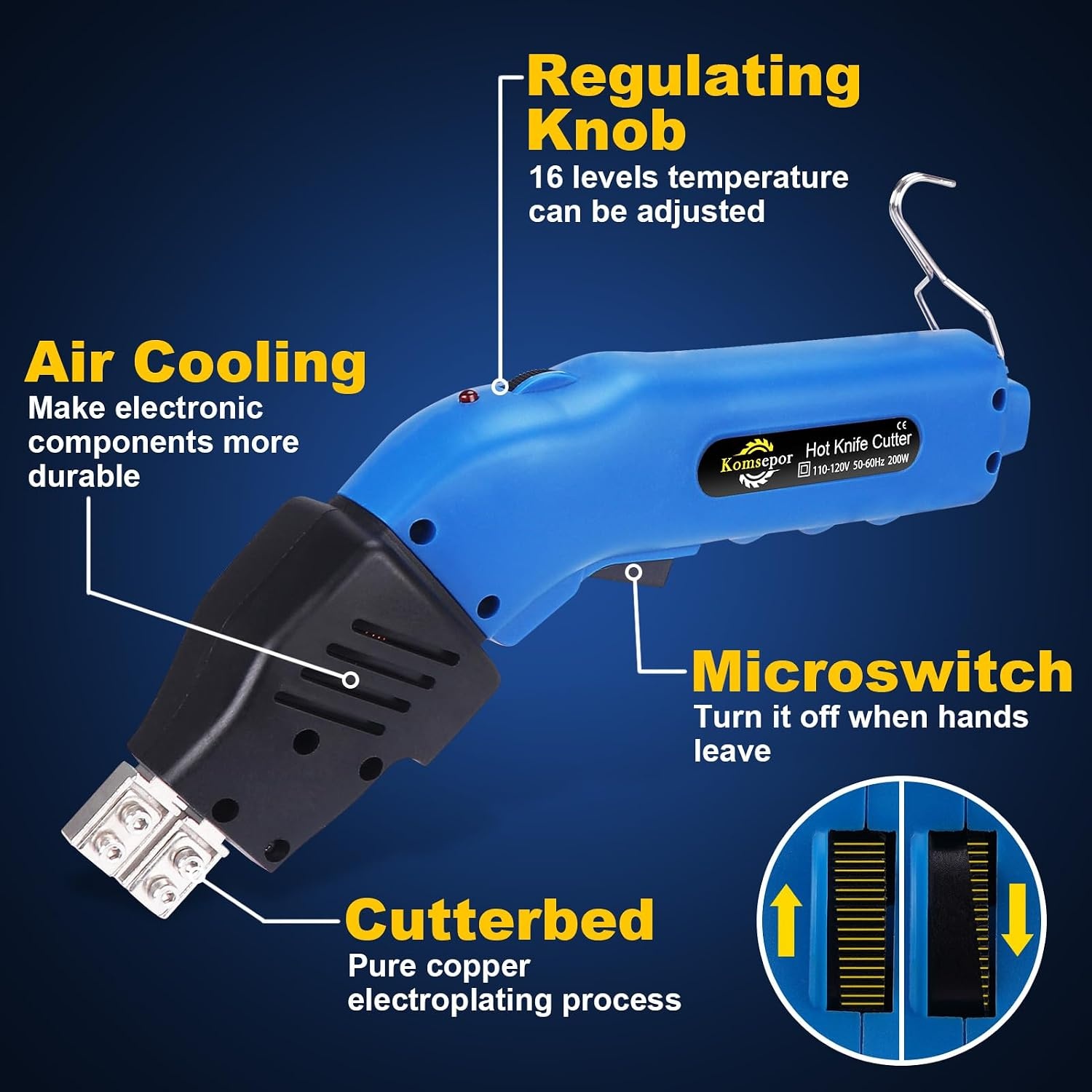 Komsepor piepschuimsnijder, elektrische hete-mes, schuimsnijder met Nichrome messen styrocutter 220-240 V met koelsysteem, geschikt voor piepschuim (Blauw-luchtkoeling 200W)