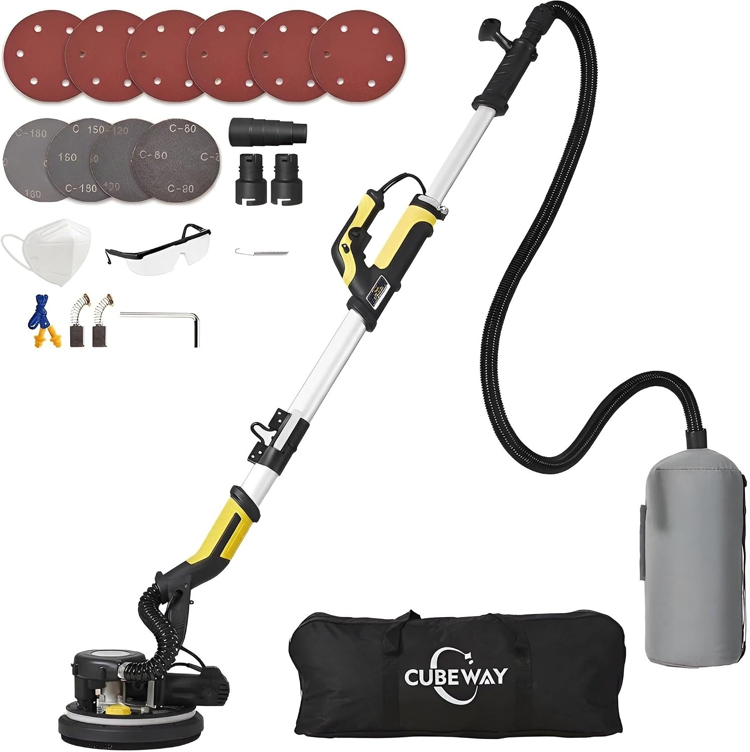 Droogbouwschuurmachine, 750 W elektrische paalslijper met ledlicht, opvouwbaar, telescoop, vacuüm, 10 stuks schuurpapier, uitstekende stofverwijdering (1)