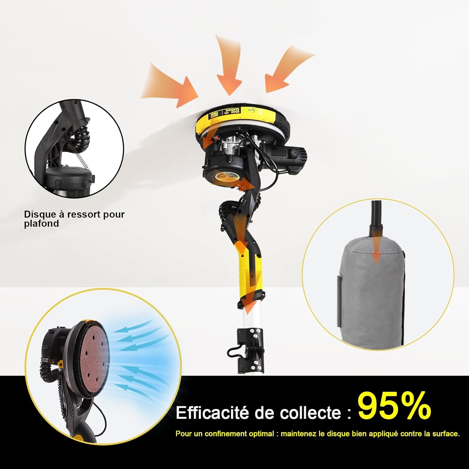 Droogbouwschuurmachine, 750 W elektrische paalslijper met ledlicht, opvouwbaar, telescoop, vacuüm, 10 stuks schuurpapier, uitstekende stofverwijdering (1)