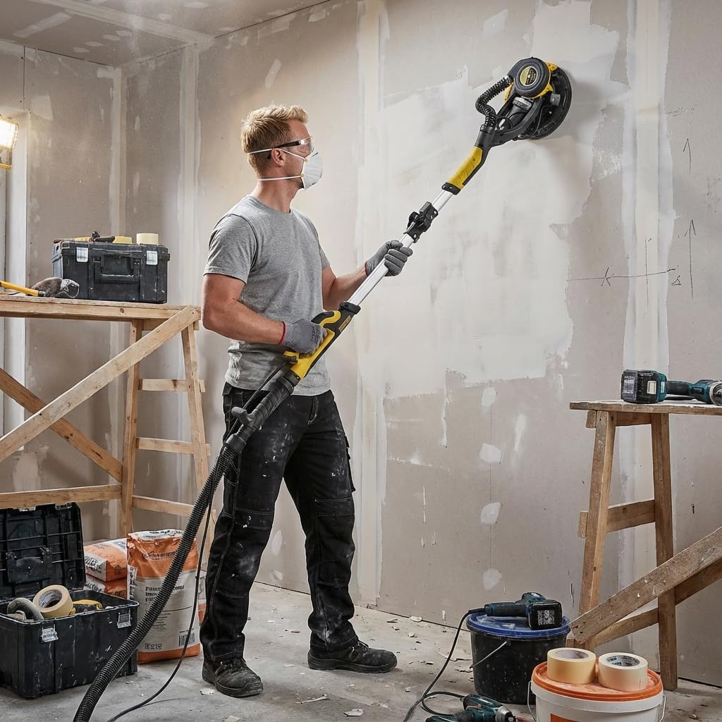 Droogbouwschuurmachine, 750 W elektrische paalslijper met ledlicht, opvouwbaar, telescoop, vacuüm, 10 stuks schuurpapier, uitstekende stofverwijdering (1)