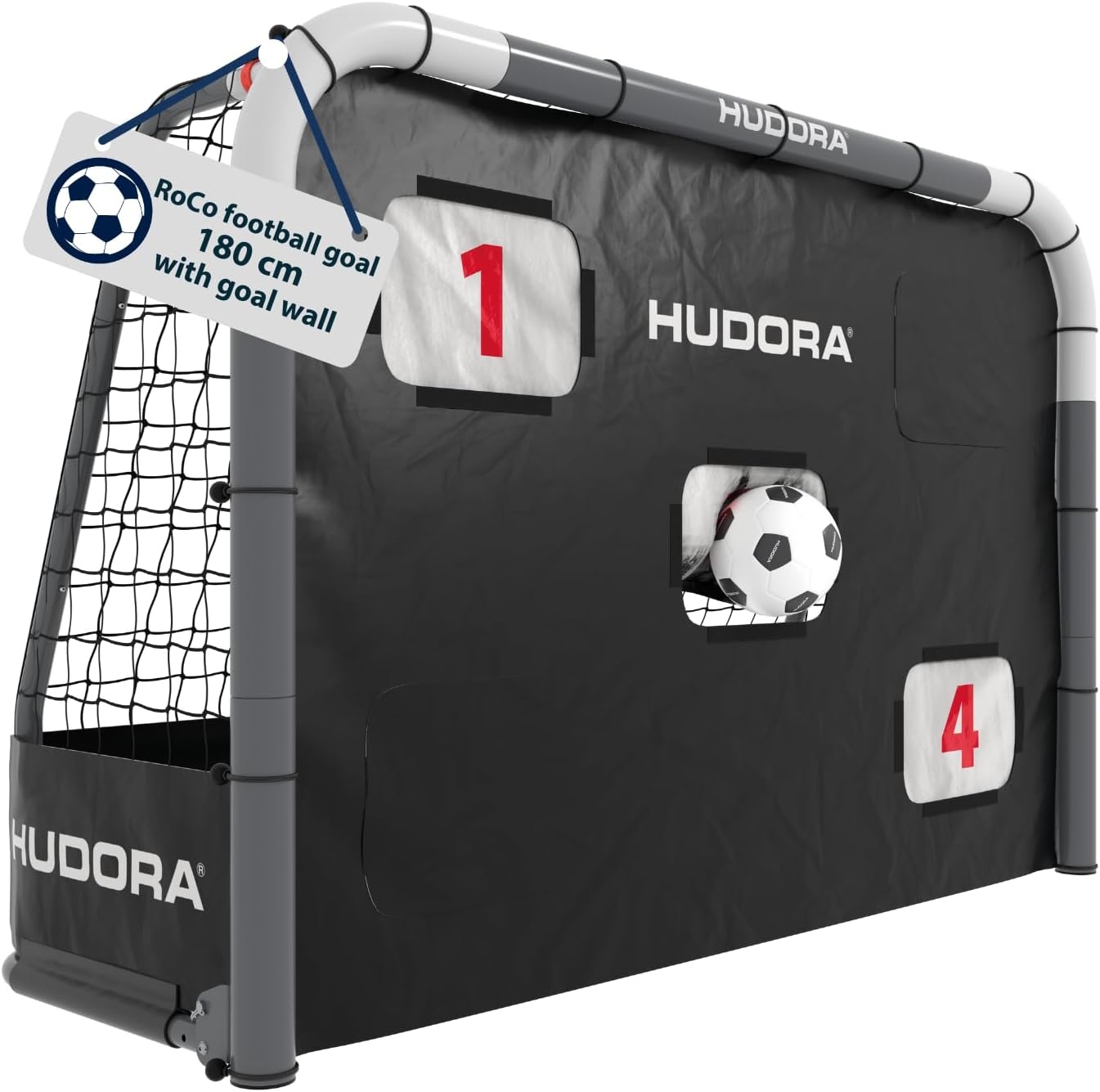 HUDORA Voetbaldoel RoCo met doelwand (2-in-1) – flexibel targetshot systeem – weerbestendig, inklapbaar en stabiel – voor kinderen en volwassenen – inclusief puntenteller en variabele doelopeningen - Maat 180 x 120 cm