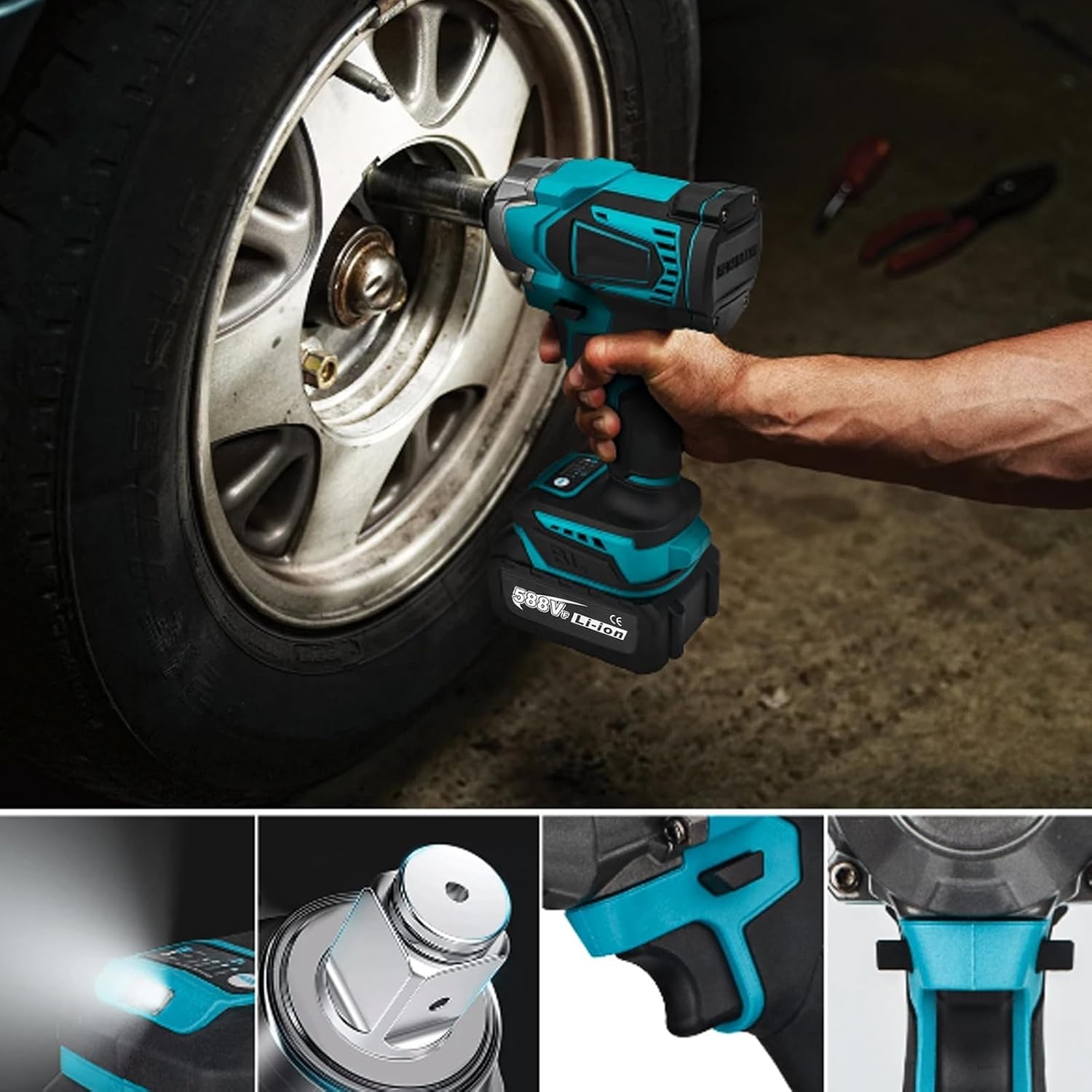 Accu-slagschroevendraaier, compatibel met Makita 18 V accu, 700 Nm, 1/2 inch borstelloze slagschroevendraaier, accumoersleutel met 6 dopsleutels voor het verwisselen van banden in de auto (zonder