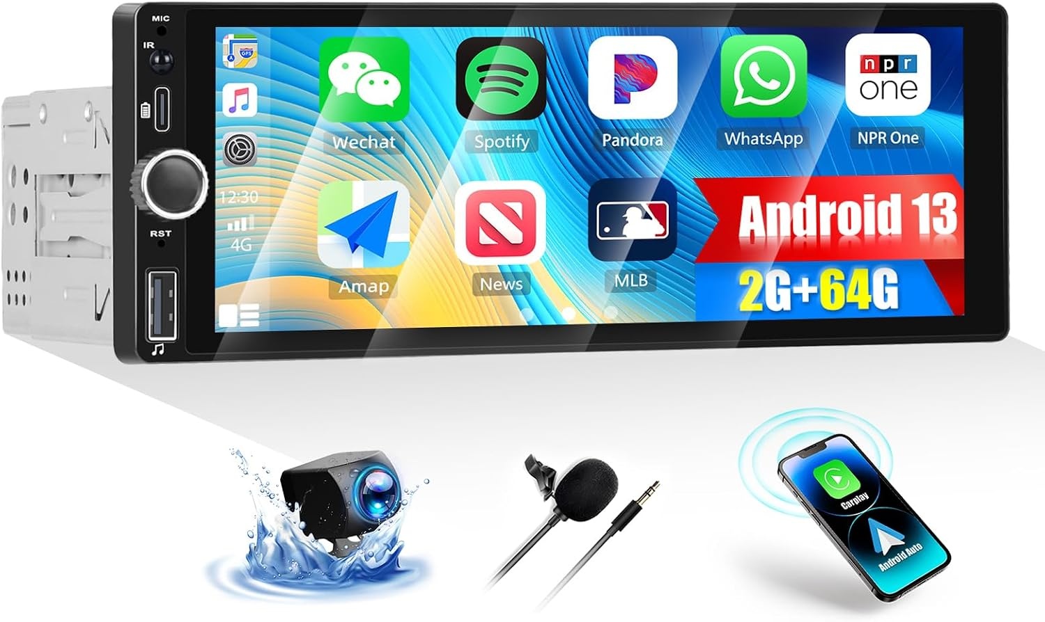 Autoradio Android 13 1-DIN 2GB/64GB met 6.86-inch scherm | CarPlay Android Auto Bluetooth USB Wi-Fi FM/RDS