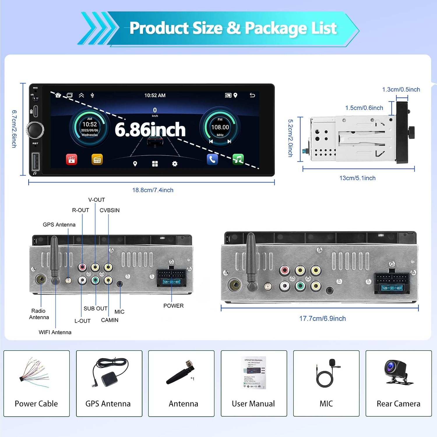 Autoradio Android 13 1-DIN 2GB/64GB met 6.86-inch scherm | CarPlay Android Auto Bluetooth USB Wi-Fi FM/RDS