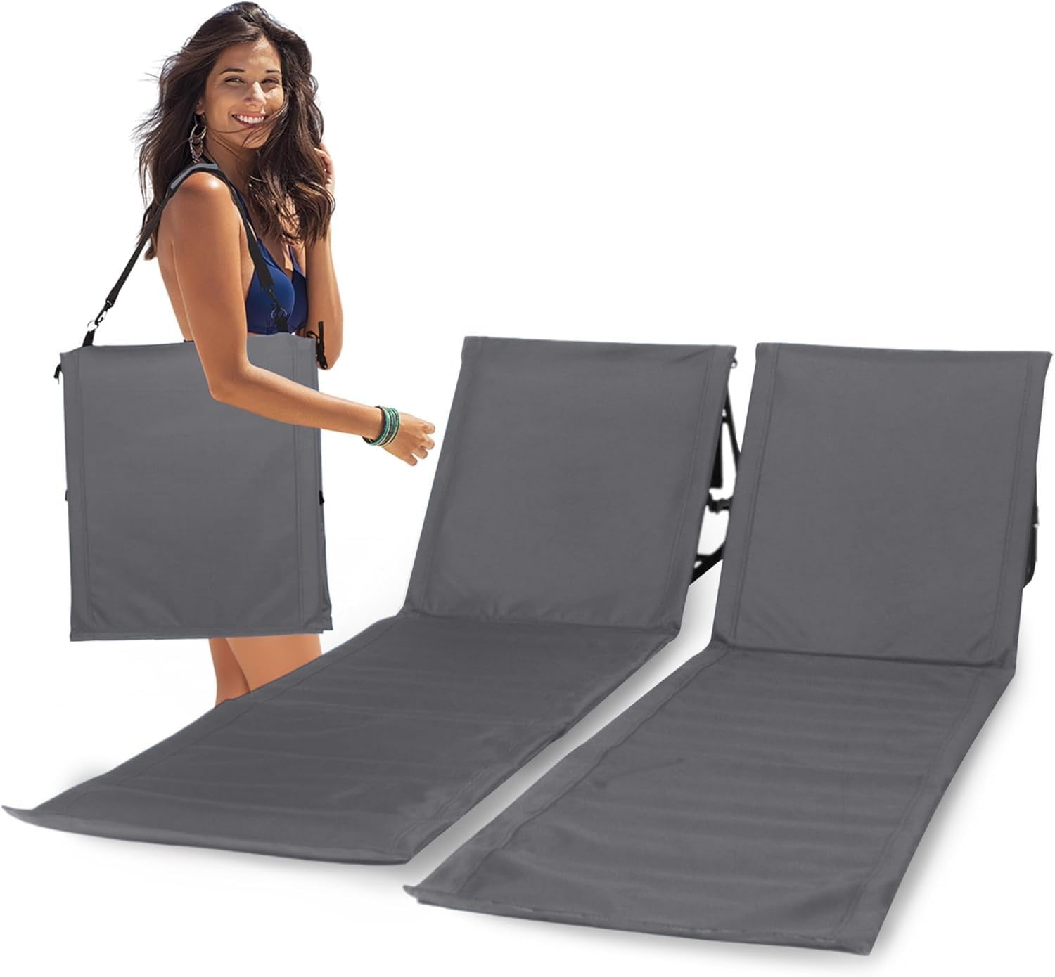Strandmatten Set van 2 met verstelbare rugleuning, opvouwbaar, ultralicht, gevuld met comfortschuim, grijs