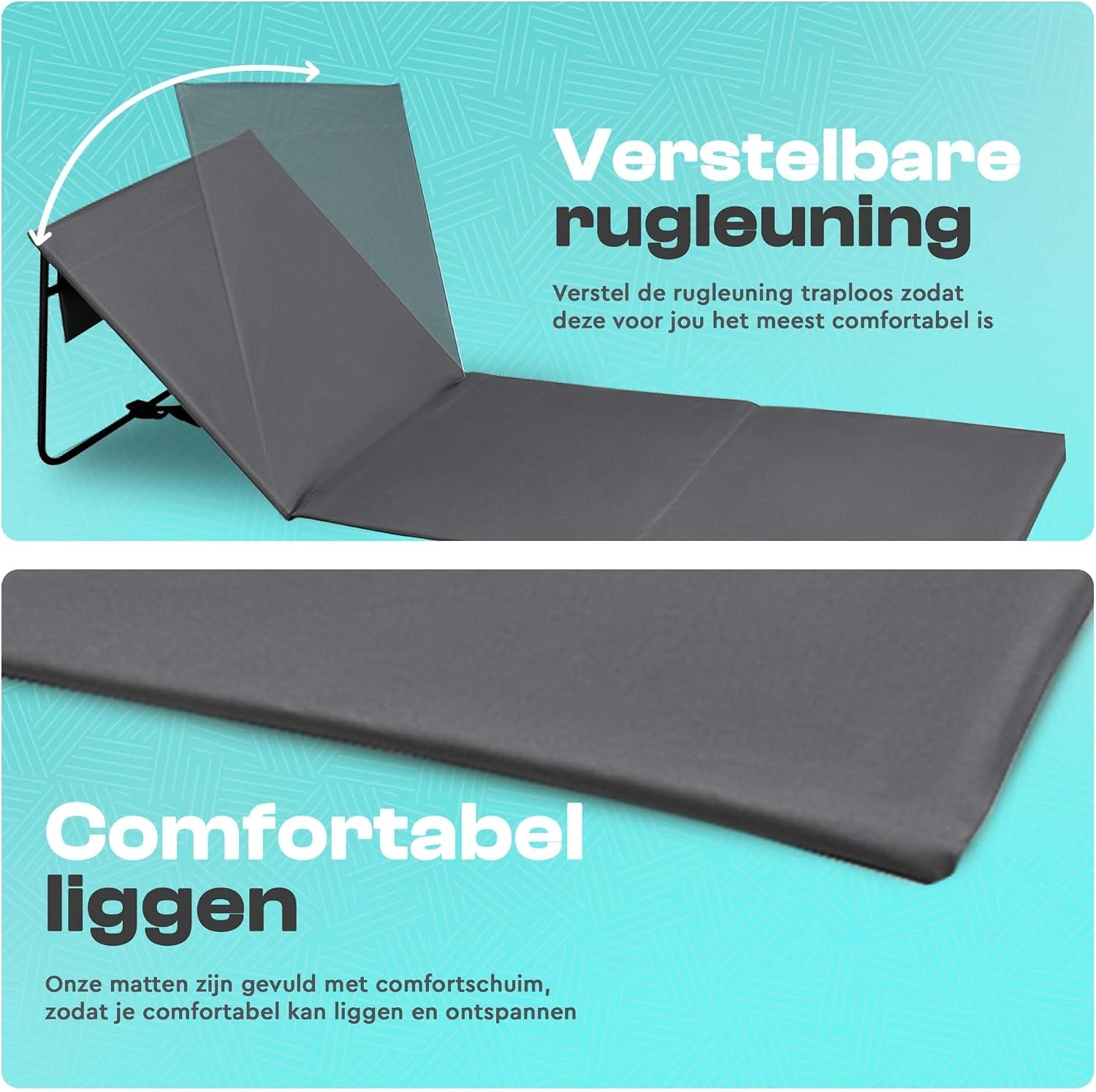 Strandmatten Set van 2 met verstelbare rugleuning, opvouwbaar, ultralicht, gevuld met comfortschuim, grijs