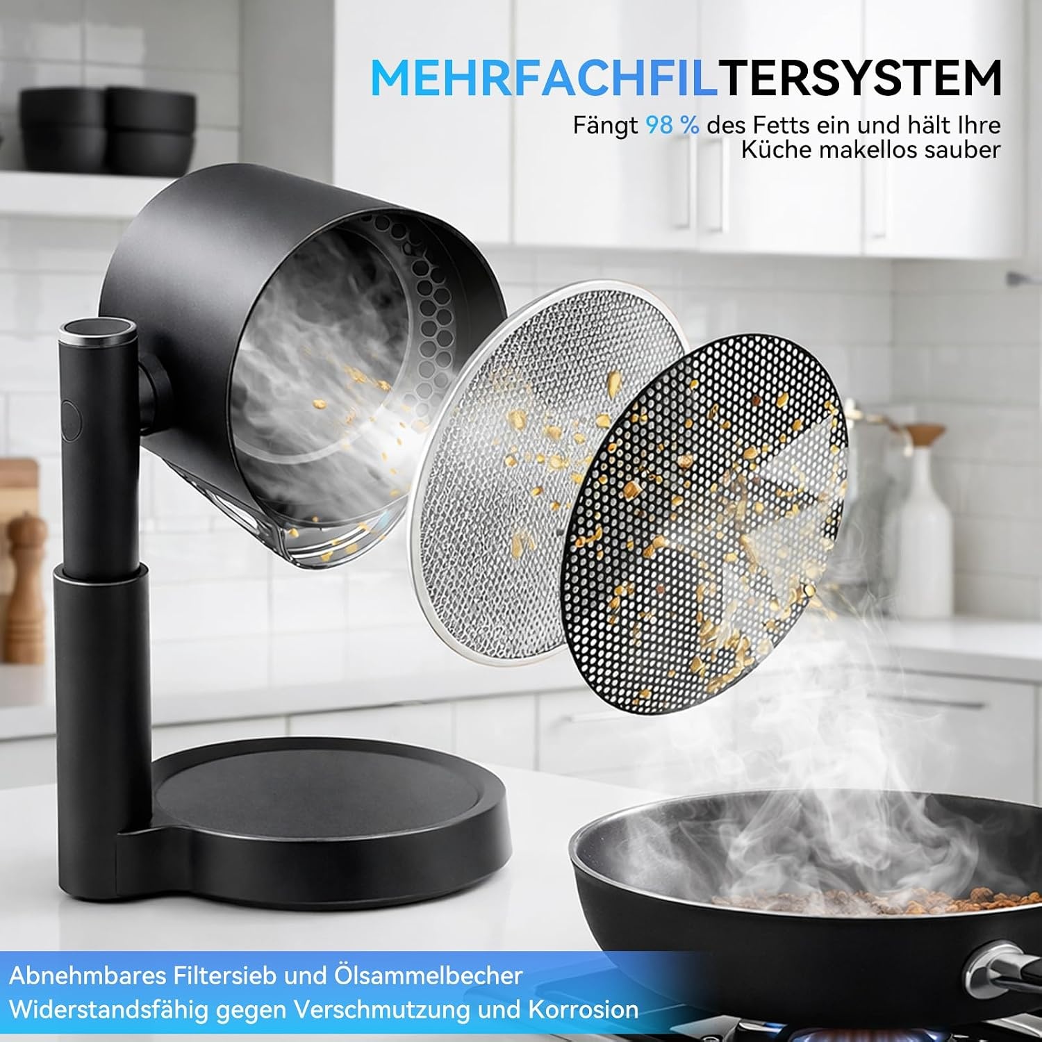 Mobiele afzuigkap zonder installatie, draagbare mini-afzuigkap met olieverzamelbox, telescopisch en 90° kantelbaar, 3-traps stil, wasbaar, herbruikbaar dubbel filter voor keuken, woning, camper