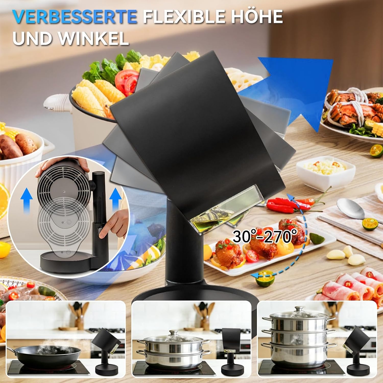 Mobiele afzuigkap zonder installatie, draagbare mini-afzuigkap met olieverzamelbox, telescopisch en 90° kantelbaar, 3-traps stil, wasbaar, herbruikbaar dubbel filter voor keuken, woning, camper