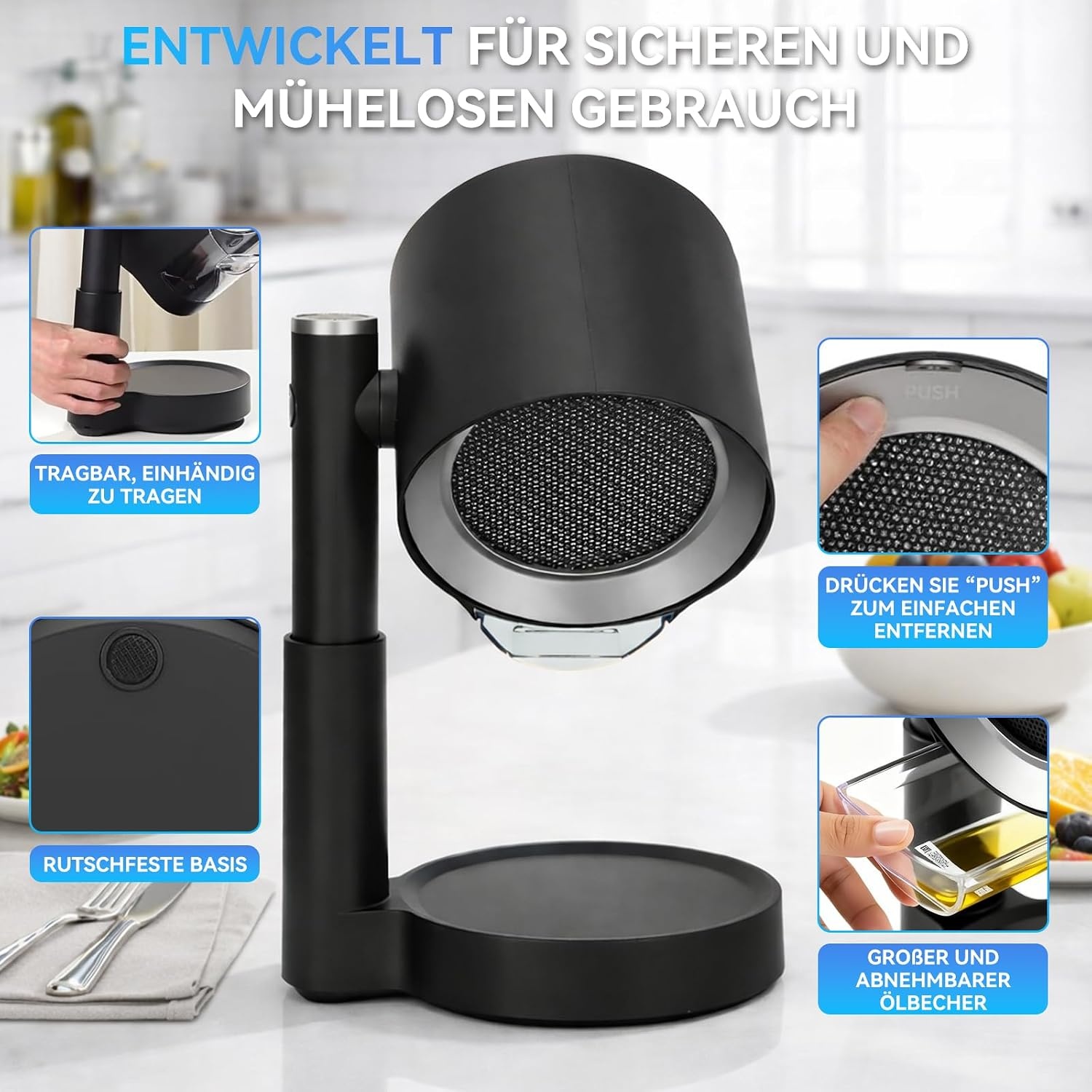 Mobiele afzuigkap zonder installatie, draagbare mini-afzuigkap met olieverzamelbox, telescopisch en 90° kantelbaar, 3-traps stil, wasbaar, herbruikbaar dubbel filter voor keuken, woning, camper