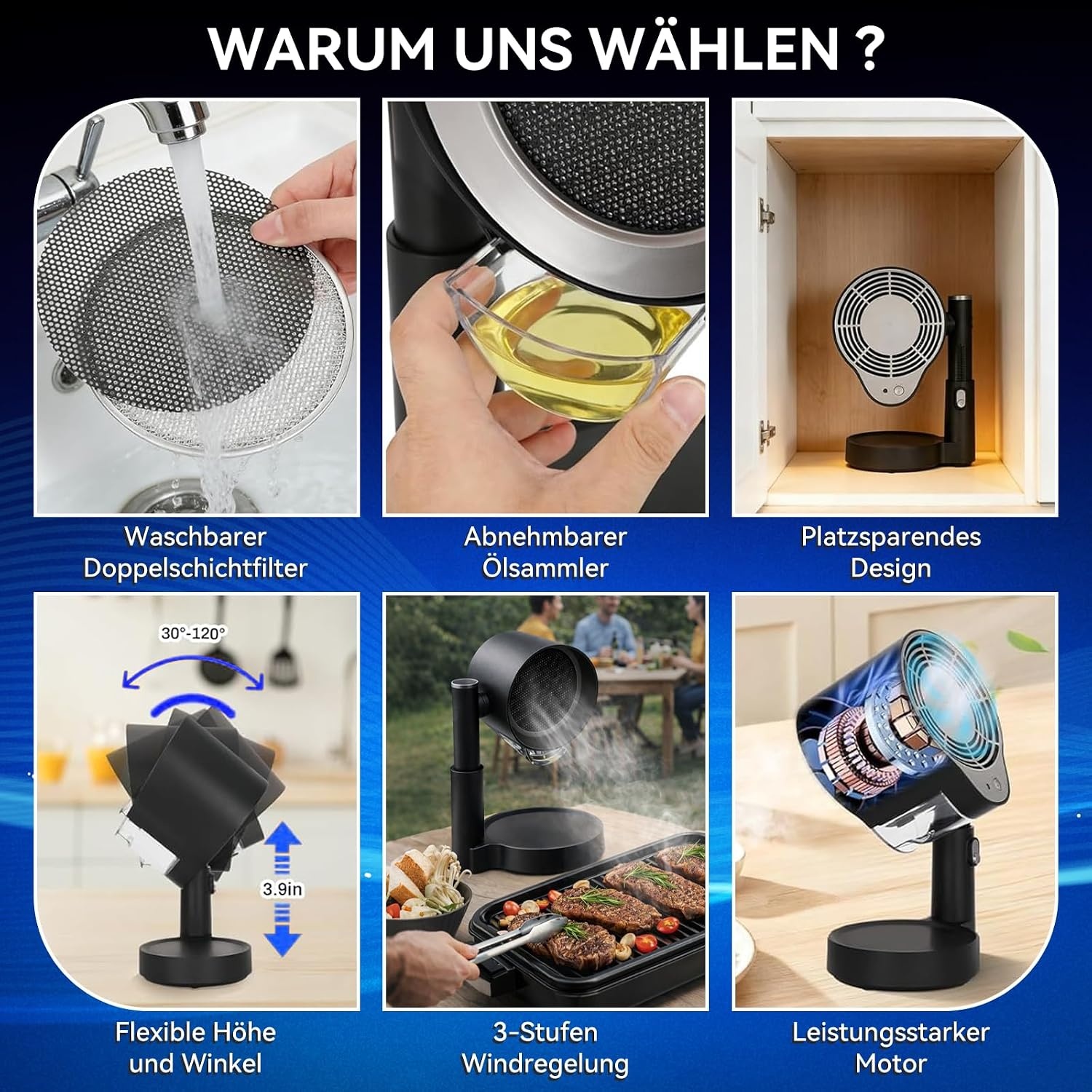 Mobiele afzuigkap zonder installatie, draagbare mini-afzuigkap met olieverzamelbox, telescopisch en 90° kantelbaar, 3-traps stil, wasbaar, herbruikbaar dubbel filter voor keuken, woning, camper