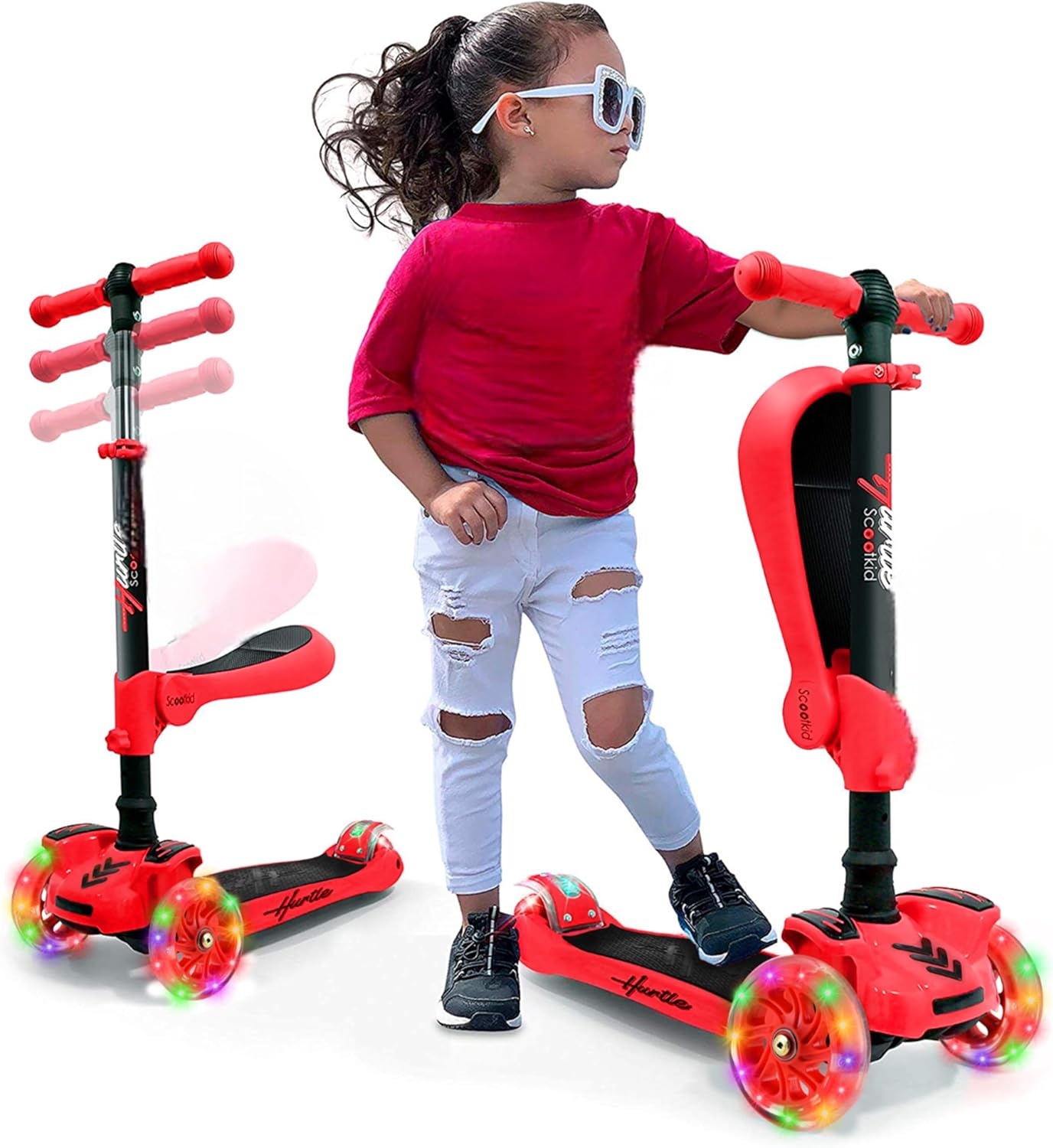 Hurtle Kids Scooter,3 Wheel Scooter,Foldable Scooter with Adjustable Height,Non-slip Platform,LED Illuminated Wheels,Scooter for Girls/Boys
