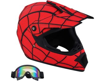 Motorcrosshelm, DOT Fullface helm, Spiderman-stijl, motorcross, fietshelm, offroad, crosshelm, met veiligheidsbril, uniseks, jeugd en kinderen