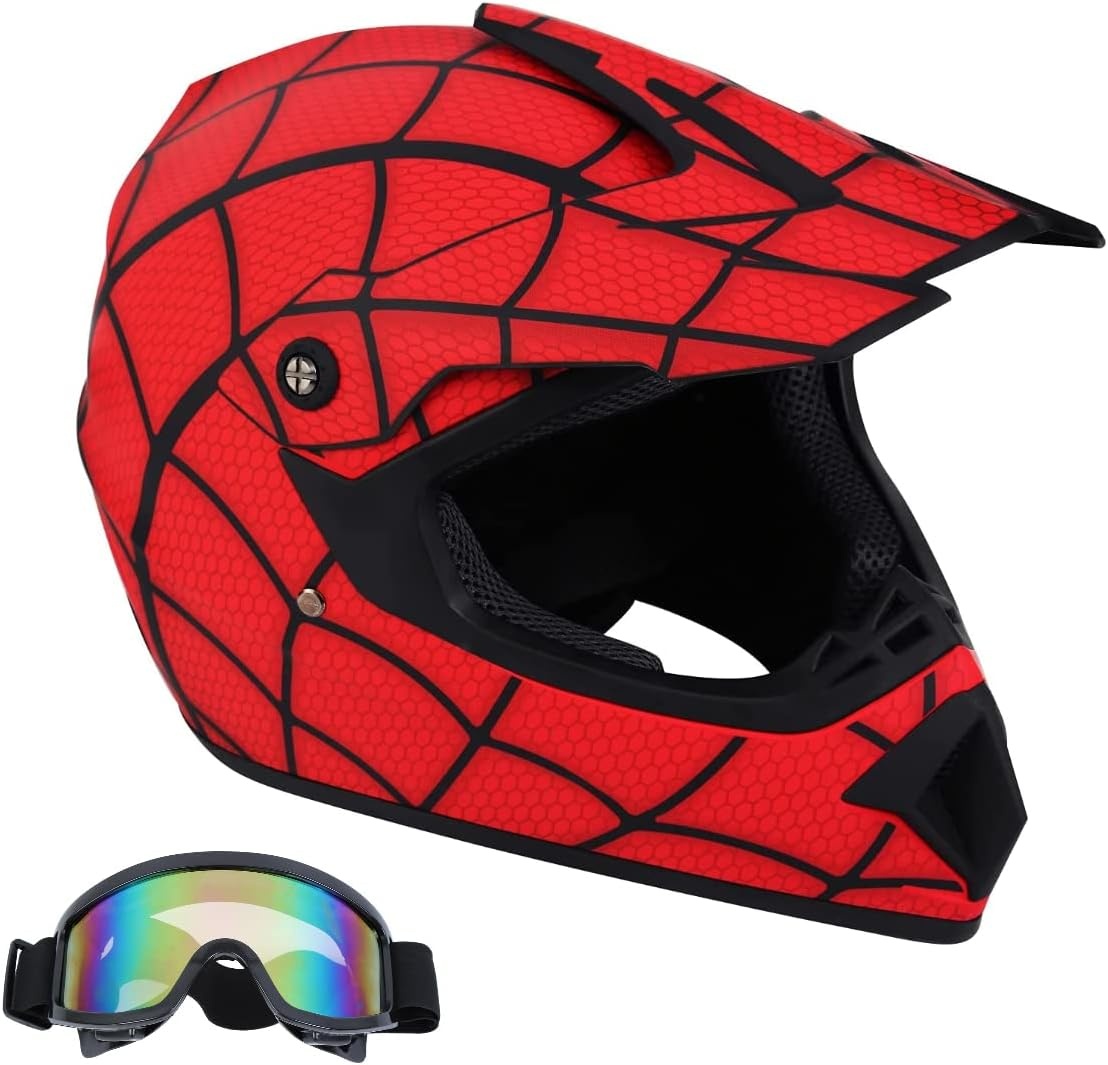 Motorcrosshelm, DOT Fullface helm, Spiderman-stijl, motorcross, fietshelm, offroad, crosshelm, met veiligheidsbril, uniseks, jeugd en kinderen