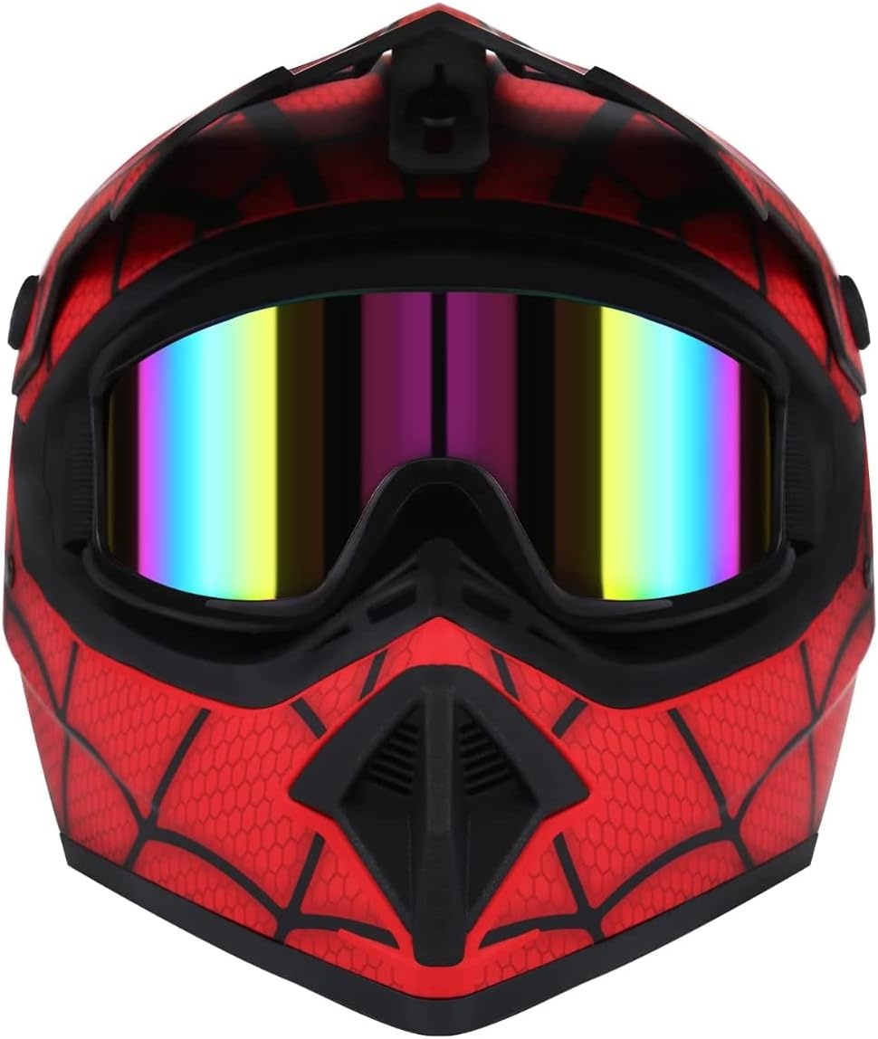 Motorcrosshelm, DOT Fullface helm, Spiderman-stijl, motorcross, fietshelm, offroad, crosshelm, met veiligheidsbril, uniseks, jeugd en kinderen