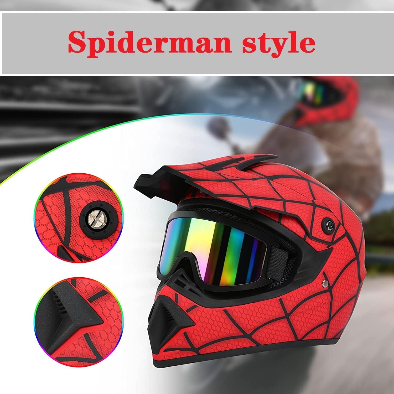 Motorcrosshelm, DOT Fullface helm, Spiderman-stijl, motorcross, fietshelm, offroad, crosshelm, met veiligheidsbril, uniseks, jeugd en kinderen