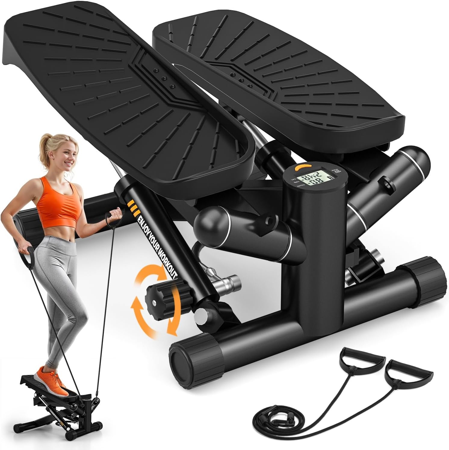 VANNECT 2-in-1 stepper voor thuis met power ropes, stille mini-stepper 150 kg met lcd-monitor, hydraulische drive stepper hometrainer voor been/arm/butt training, thuiskantoor, fitness oefening