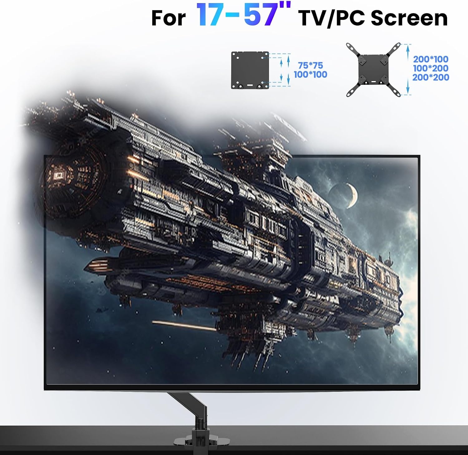 PUTORSEN 17-57 Inch Ultrawide Monitor Arm en TV Desk Mount, tot 27 kg, Premium Aluminium Single Monitor Arm Desk Mount met gasveer, stalen versterkingsplaat, VESA 75 x 75 tot 200 x 200 mm