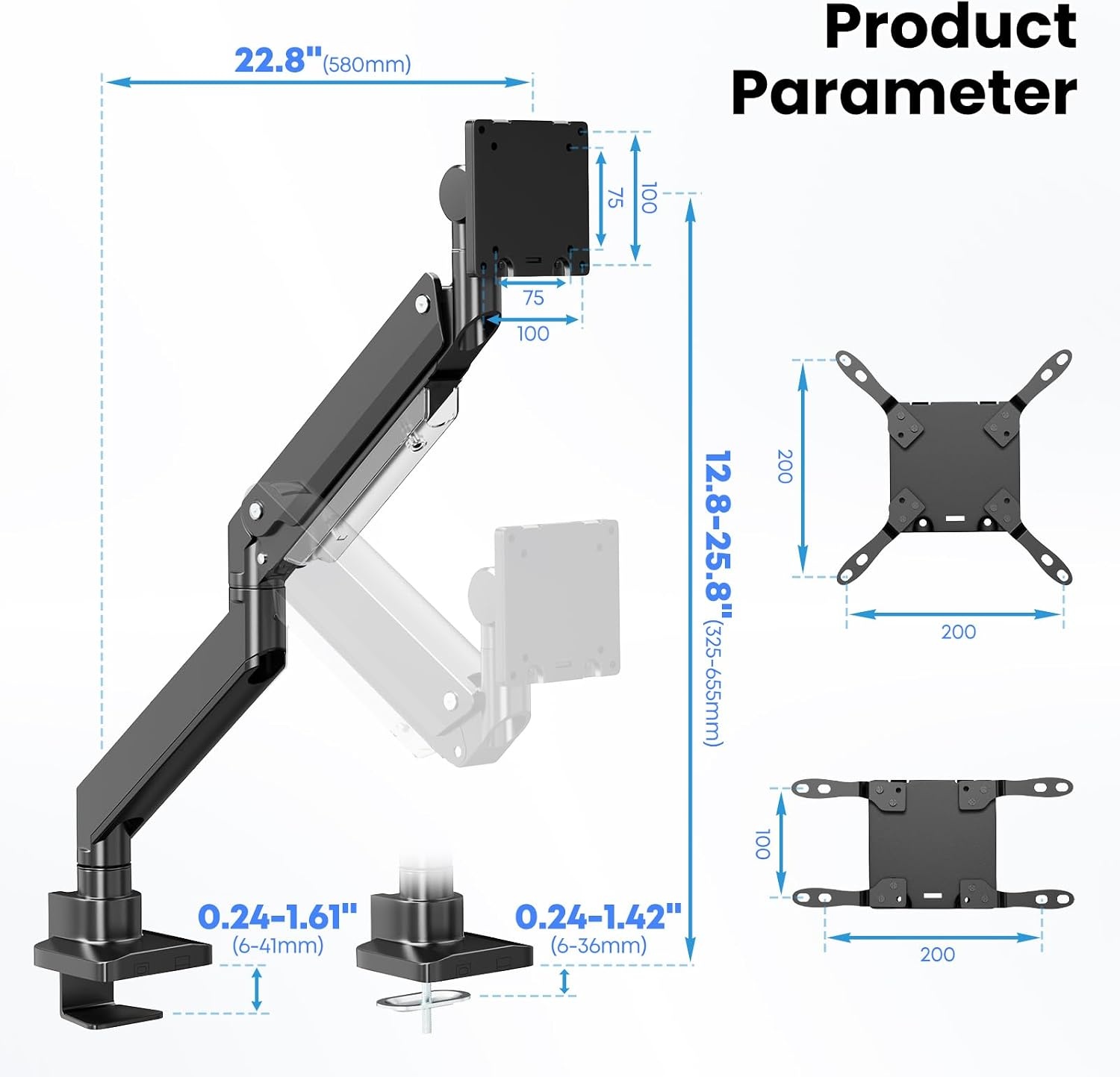 PUTORSEN 17-57 Inch Ultrawide Monitor Arm en TV Desk Mount, tot 27 kg, Premium Aluminium Single Monitor Arm Desk Mount met gasveer, stalen versterkingsplaat, VESA 75 x 75 tot 200 x 200 mm