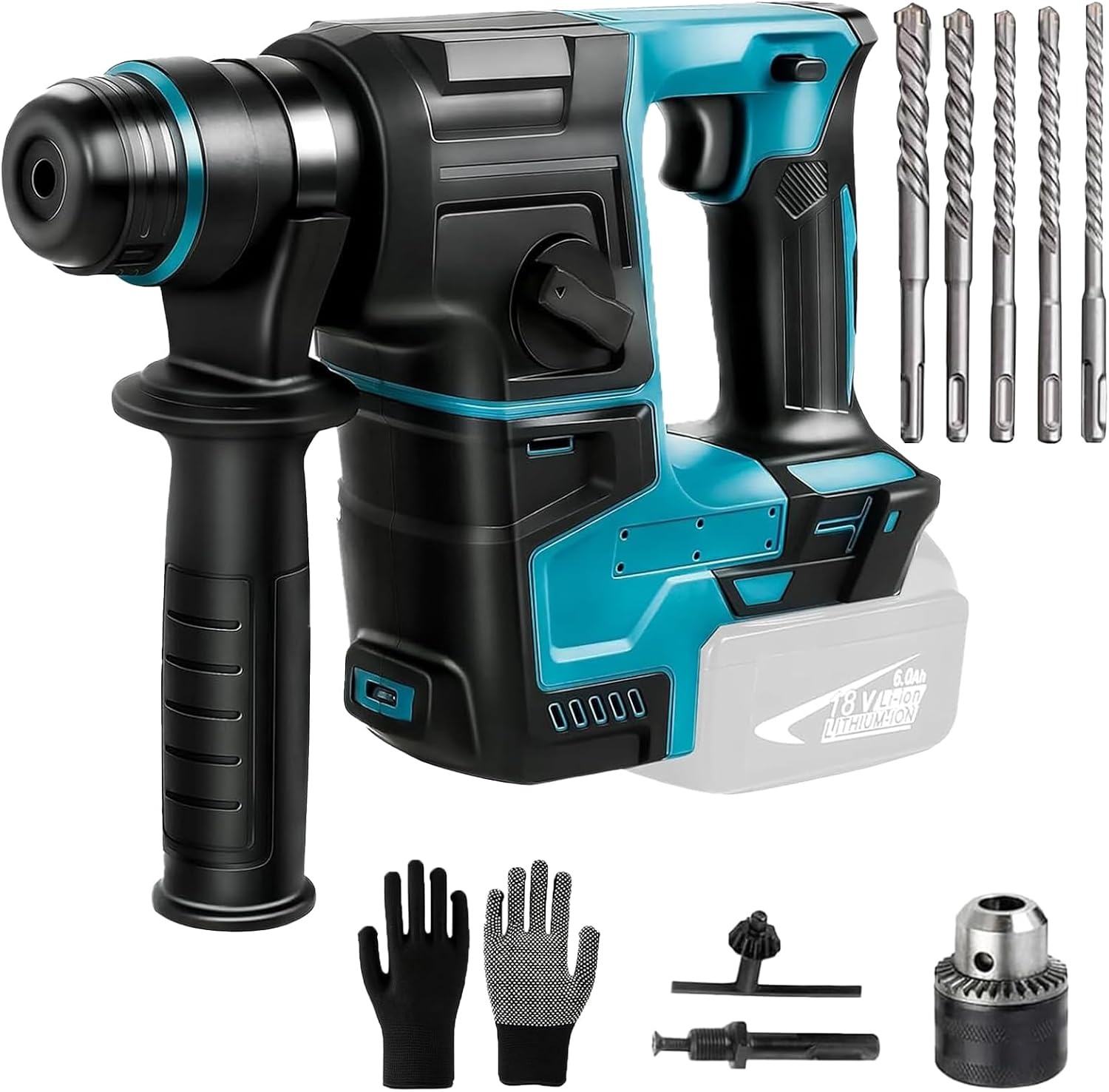 Accuboorhamer, compatibel met Makita 21V, klopboormachine met 8 stuks boren en handschoenen, 2,2 joule, 1400 rpm, 4200 bpm, voor boren, hamerboren, beitelen (zonder accu)