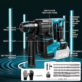 Accuboorhamer, compatibel met Makita 21V, klopboormachine met 8 stuks boren en handschoenen, 2,2 joule, 1400 rpm, 4200 bpm, voor boren, hamerboren, beitelen (zonder accu)