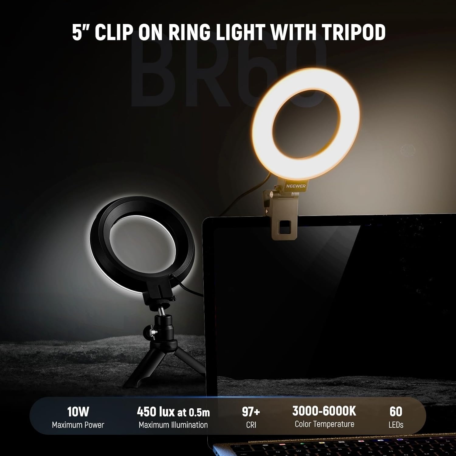 Ringlamp 5 inch voor Videoconferenties Streaming | CRI 97+ | 5 Kleurtemperaturen | 10 Dimniveaus