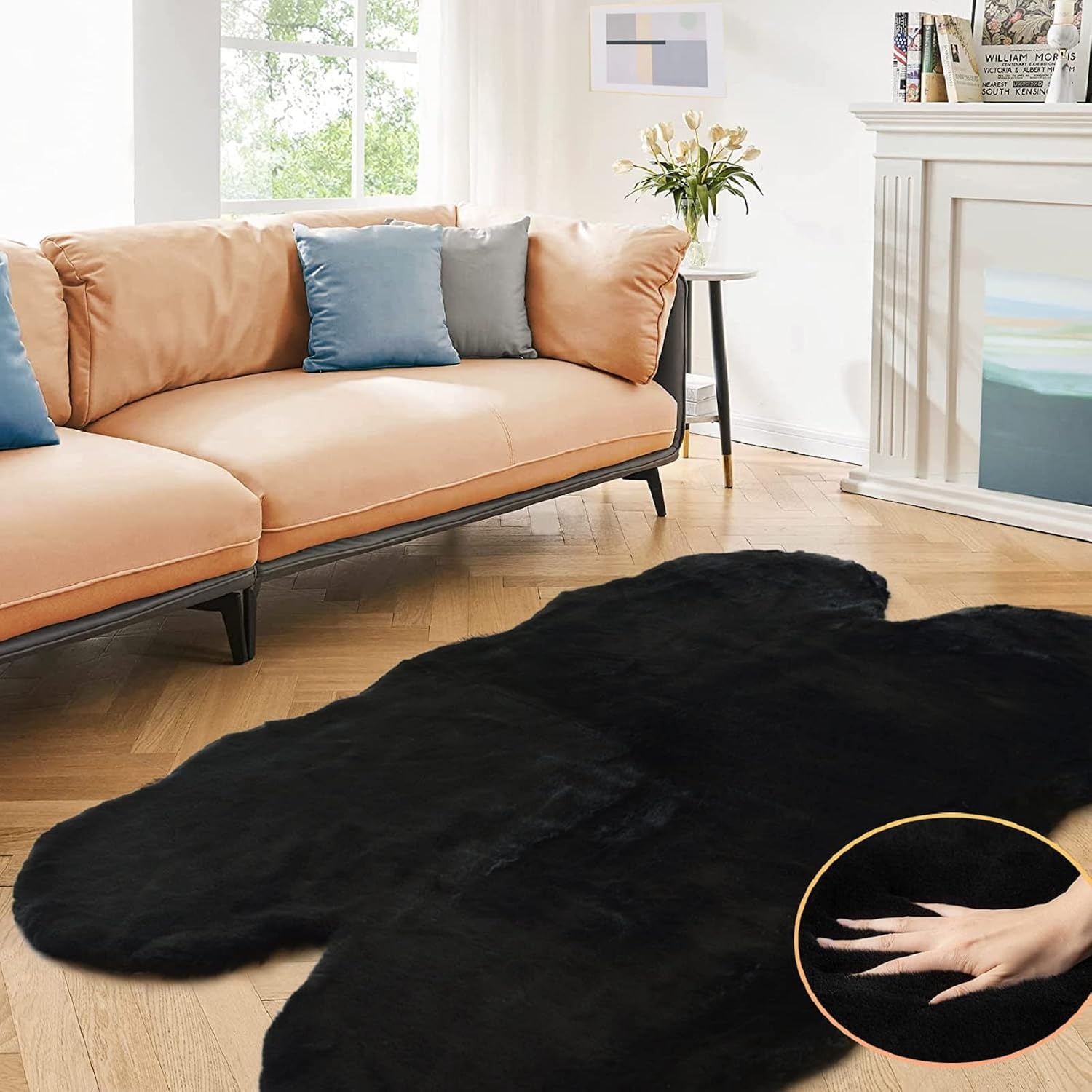 Vloerkleed organische vorm 120x180 cm zwart | Pluizig imitatie konijnenbont | Zacht voor woonkamer, slaapkamer | OEKO-TEX gecertificeerd