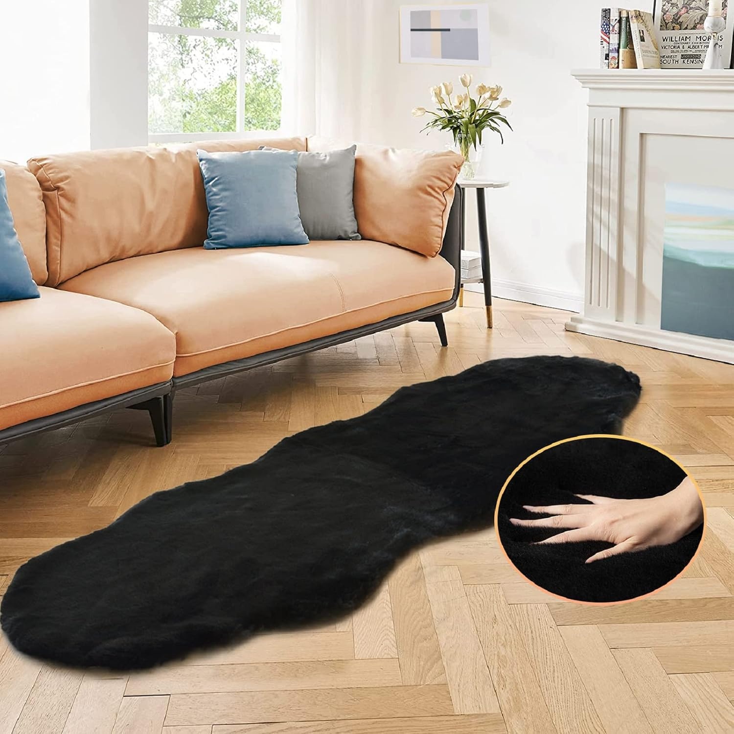 Vloerkleed organische vorm 120x180 cm zwart | Pluizig imitatie konijnenbont | Zacht voor woonkamer, slaapkamer | OEKO-TEX gecertificeerd
