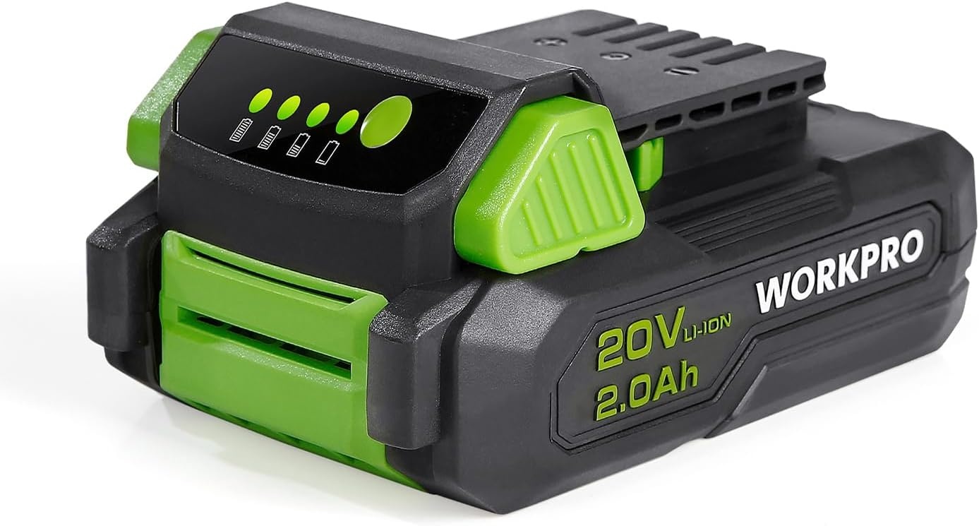 WORKPRO 20 V 2.0 Ah Lithium-ion Battery with Power Indicator, and Safe, Compatible with WORKPRO 20 V Cordless Power Tools, Drill, Impact Driver, Impact Wrench, Reciprocating Saw