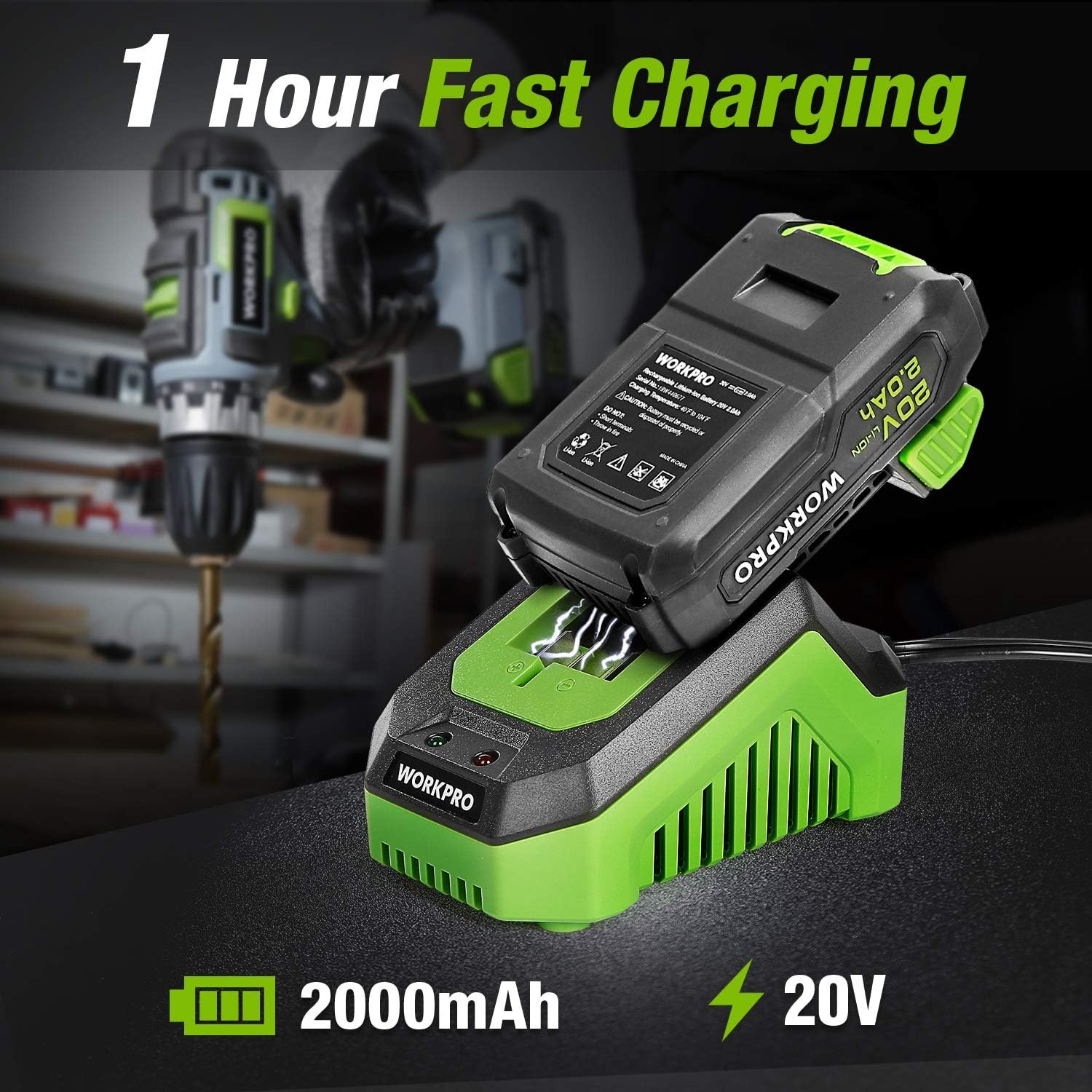 WORKPRO 20 V 2.0 Ah Lithium-ion Battery with Power Indicator, and Safe, Compatible with WORKPRO 20 V Cordless Power Tools, Drill, Impact Driver, Impact Wrench, Reciprocating Saw