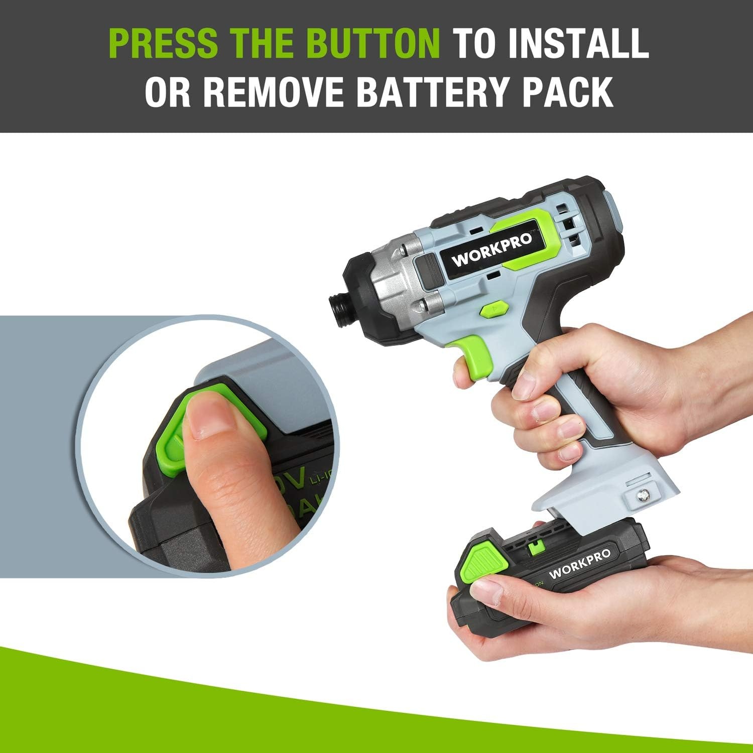WORKPRO 20 V 2.0 Ah Lithium-ion Battery with Power Indicator, and Safe, Compatible with WORKPRO 20 V Cordless Power Tools, Drill, Impact Driver, Impact Wrench, Reciprocating Saw