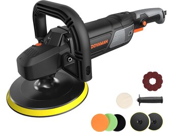 PLS03A Auto Polijstmachine 1500W, roterende polijstmachine 180mm/150mm, 6 variabele snelheden (600-3000 RPM), afneembaar handvat, bufferkit voor auto-detaillering, polijsten en waxen