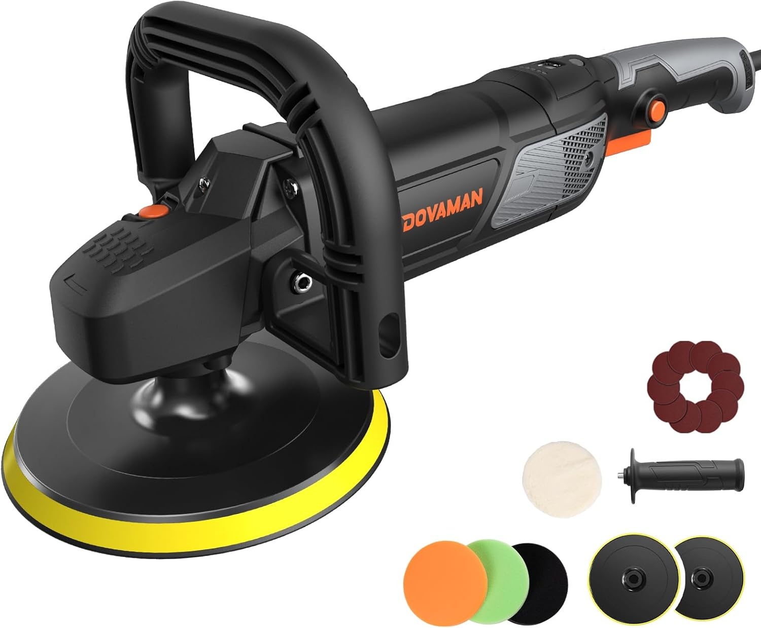 PLS03A Auto Polijstmachine 1500W, roterende polijstmachine 180mm/150mm, 6 variabele snelheden (600-3000 RPM), afneembaar handvat, bufferkit voor auto-detaillering, polijsten en waxen