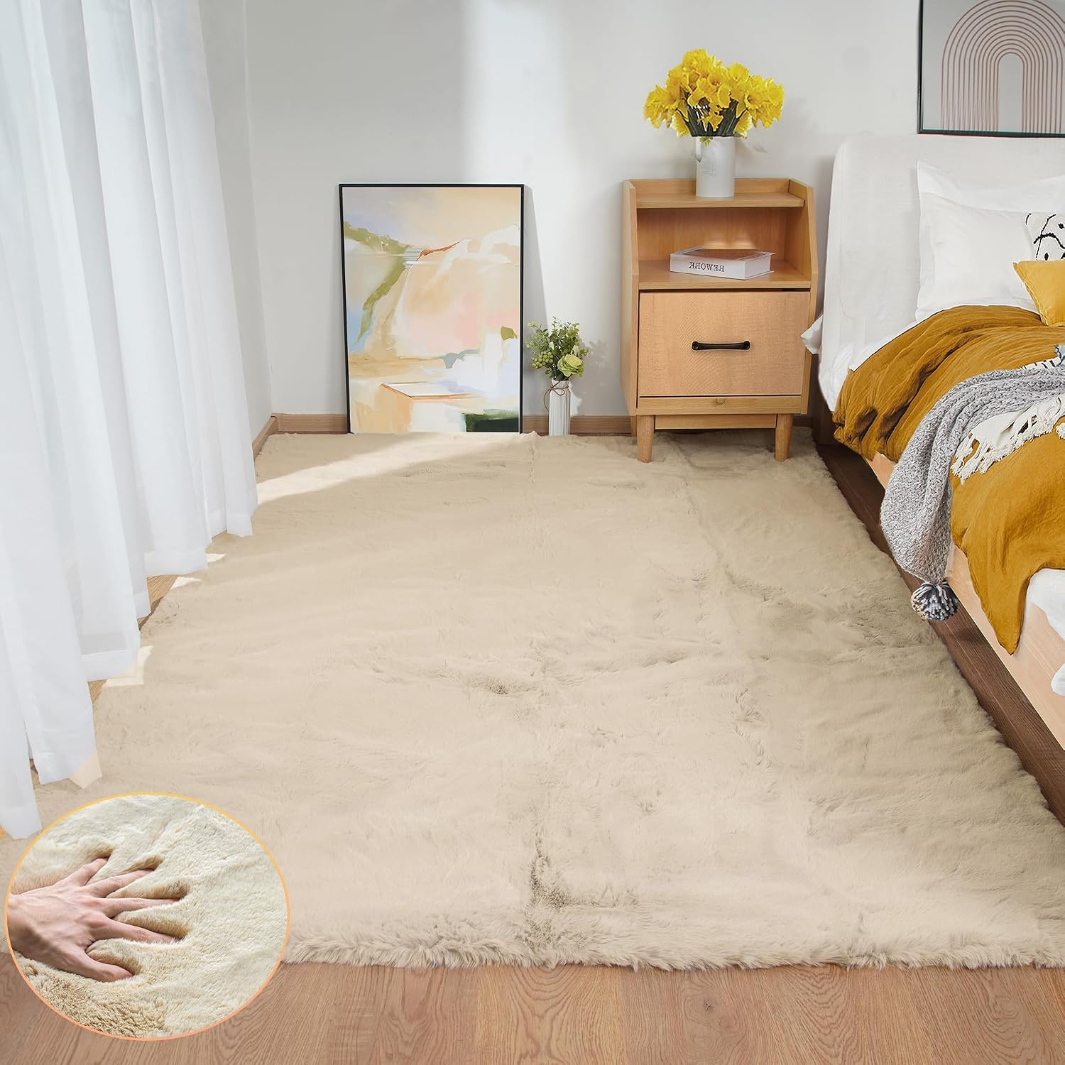 Vloerkleed organische vorm 120 x 180 cm zwart | Pluizig imitatie konijnenbont | Zacht | OEKO-TEX | Voor woonkamer & slaapkamer