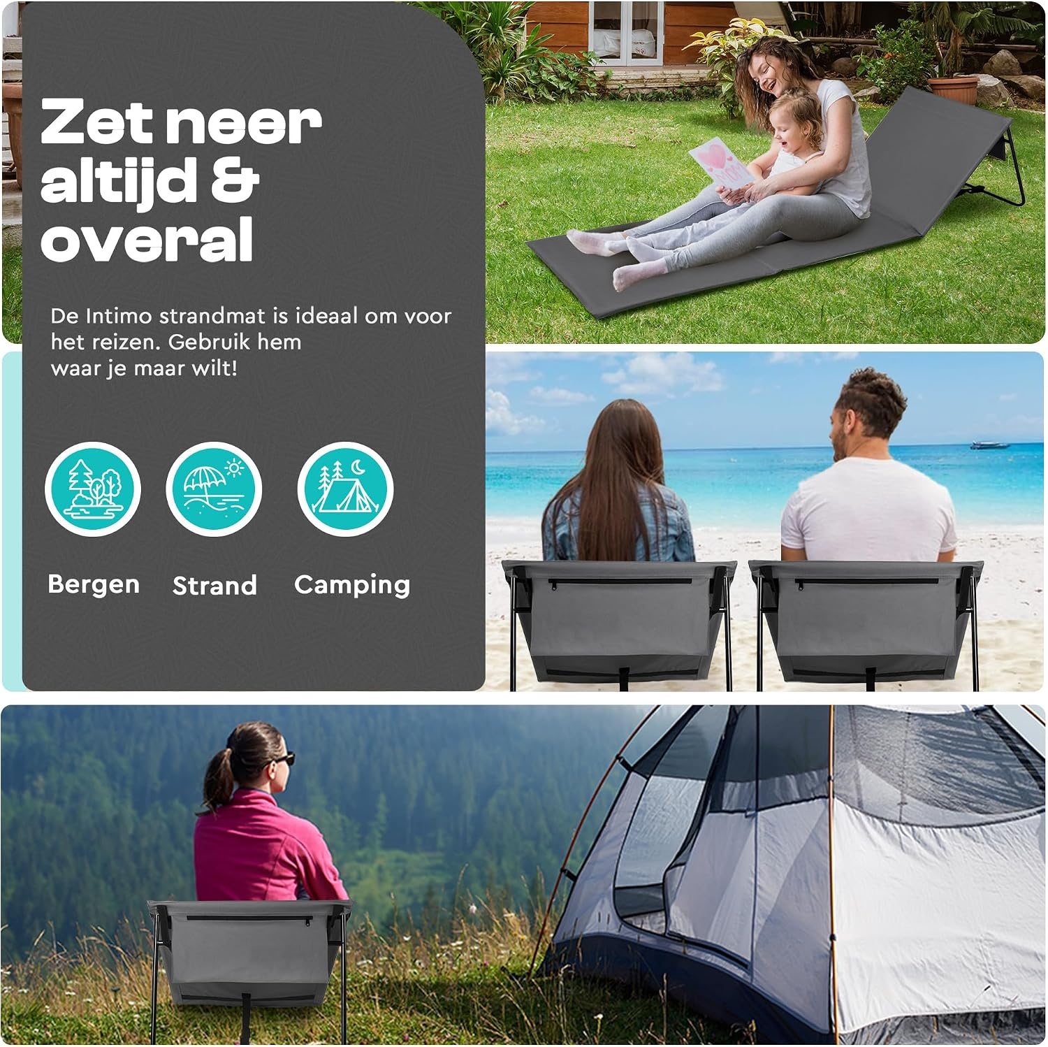 Strandmat Set van 2 met verstelbare rugleuning, opvouwbaar, ultralicht, gevuld met comfortschuim, grijs