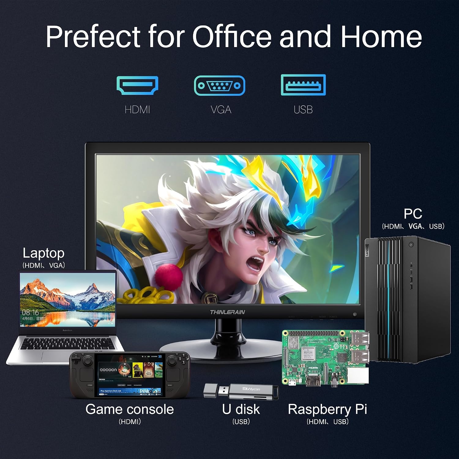 17 inch pc-monitor 1600 x 900 LED-beeldscherm computer monitor met VGA/HDMI/USB, geïntegreerde luidspreker, 5 ms, 60 Hz, VESA, zwart