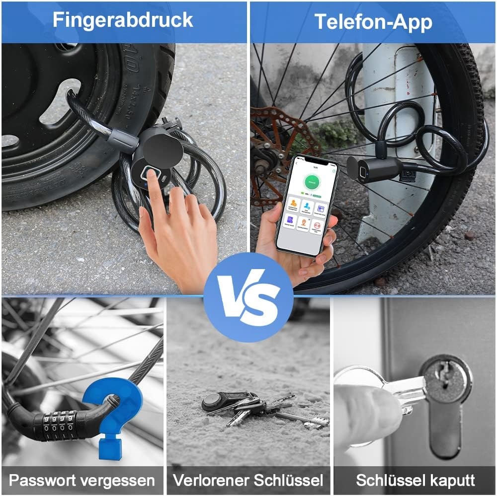 Biometrisch Kabelslot Vingerafdruk 150cm Zwart | App-bediening | Tijdelijke Toegang