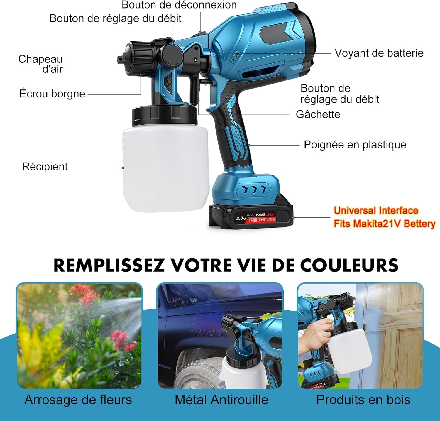 Accu-Verfspuitapparaat-Set 1000 Ml, 500W Makita21V Interface Batterijgevoede Hvlp-Elektrische Spuitpistool Met 2 Accu'S + 3 Spuitmonden, Doe-Het-Zelf-Verfgereedschap, Voor Muren, Plafonds, Tuinhekken