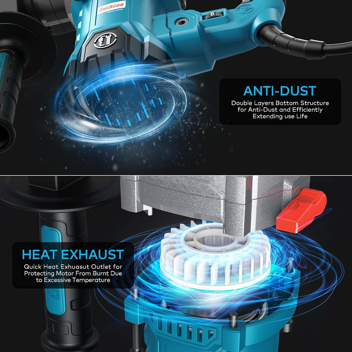 ENEACRO SDS-Plus Boorhamer, 1500 W, 7Joule afbreekhamer, 6 variabele snelheid 0-920 omw/min met 4 functies, anti-vibratie controle en veiligheidskoppeling, 32 mm boorvermogen in beton