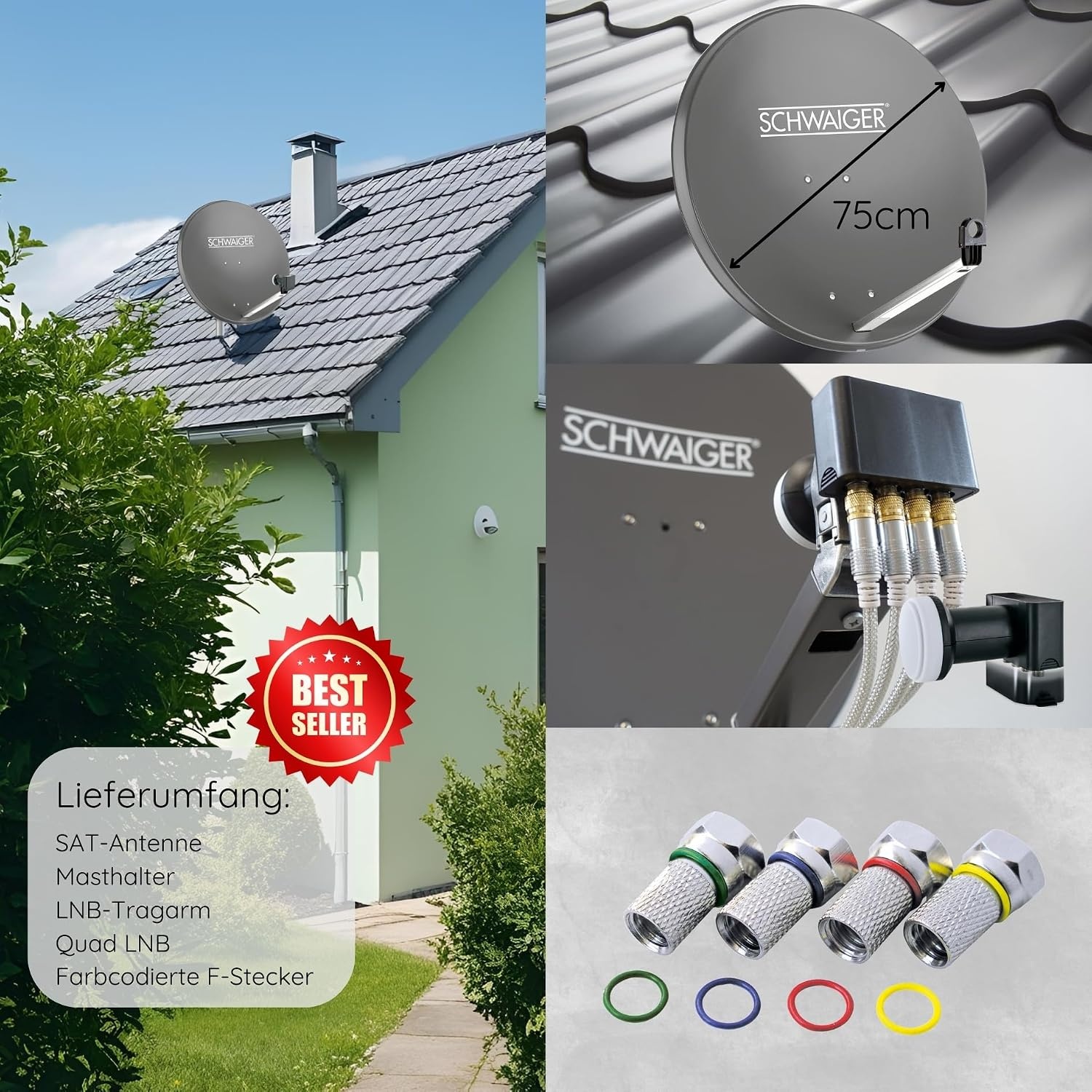 SCHWAIGER 517 SAT systeem complete set satellietschotel, Quad LNB (digitaal), 8x F-connector 7mm, satellietantenne staal, antraciet incl. montagemateriaal