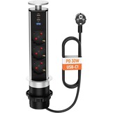 Inschuifbaar stopcontact, 3 stopcontacten, 2 USB en USB C, intrekbaar elektrisch meervoudig stopcontact voor werkblad, verzonken werkblad voor keuken, kantoor, kabel 1,8 m, diameter 60 mm
