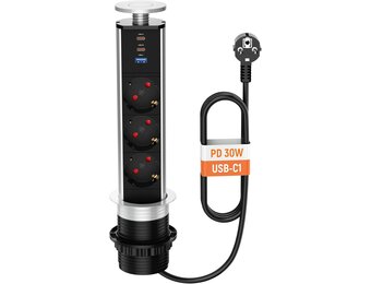 Inschuifbaar stopcontact, 3 stopcontacten, 2 USB en USB C, intrekbaar elektrisch meervoudig stopcontact voor werkblad, verzonken werkblad voor keuken, kantoor, kabel 1,8 m, diameter 60 mm