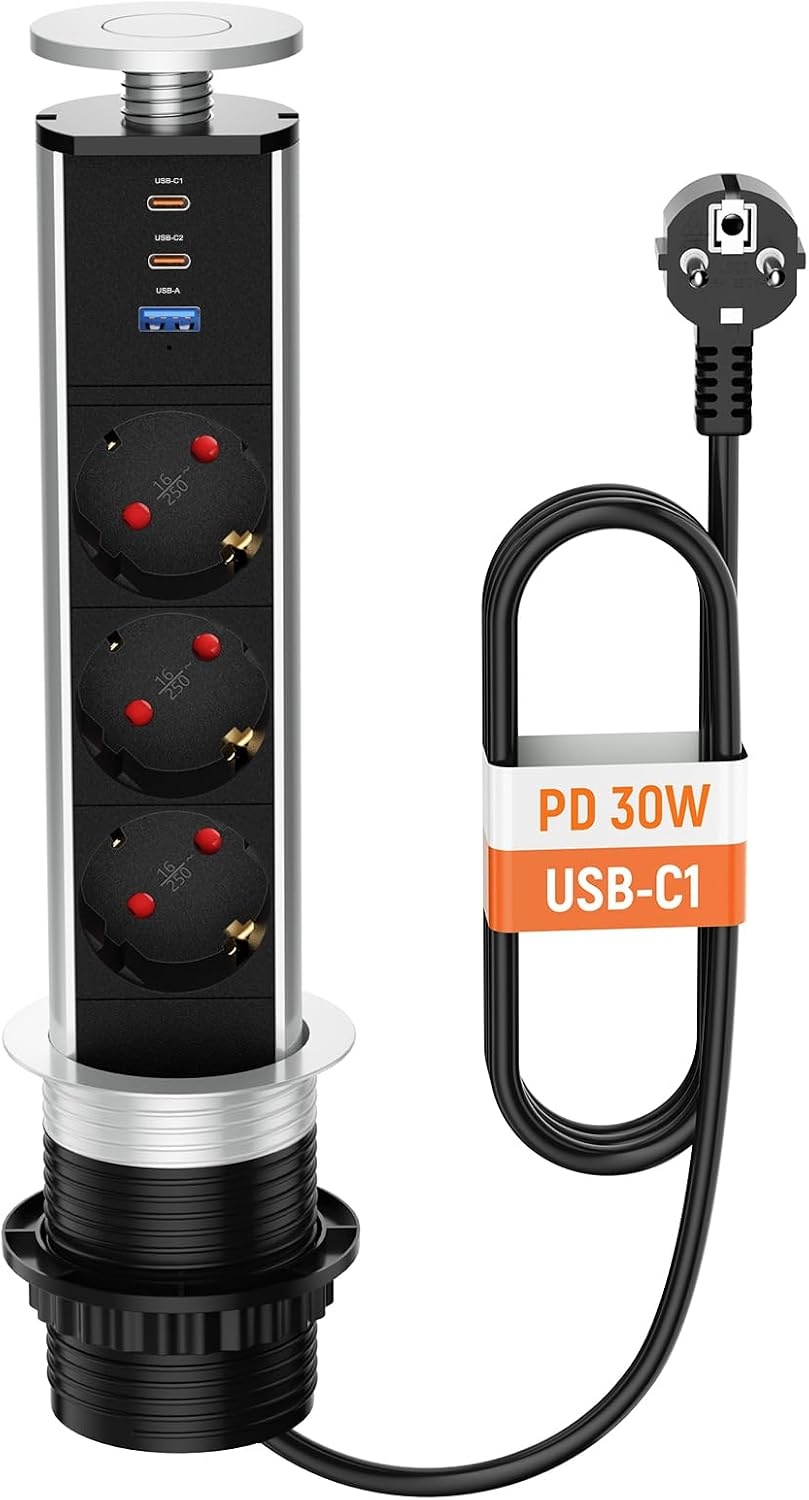 Inschuifbaar stopcontact, 3 stopcontacten, 2 USB en USB C, intrekbaar elektrisch meervoudig stopcontact voor werkblad, verzonken werkblad voor keuken, kantoor, kabel 1,8 m, diameter 60 mm