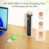 Inschuifbaar stopcontact, 3 stopcontacten, 2 USB en USB C, intrekbaar elektrisch meervoudig stopcontact voor werkblad, verzonken werkblad voor keuken, kantoor, kabel 1,8 m, diameter 60 mm